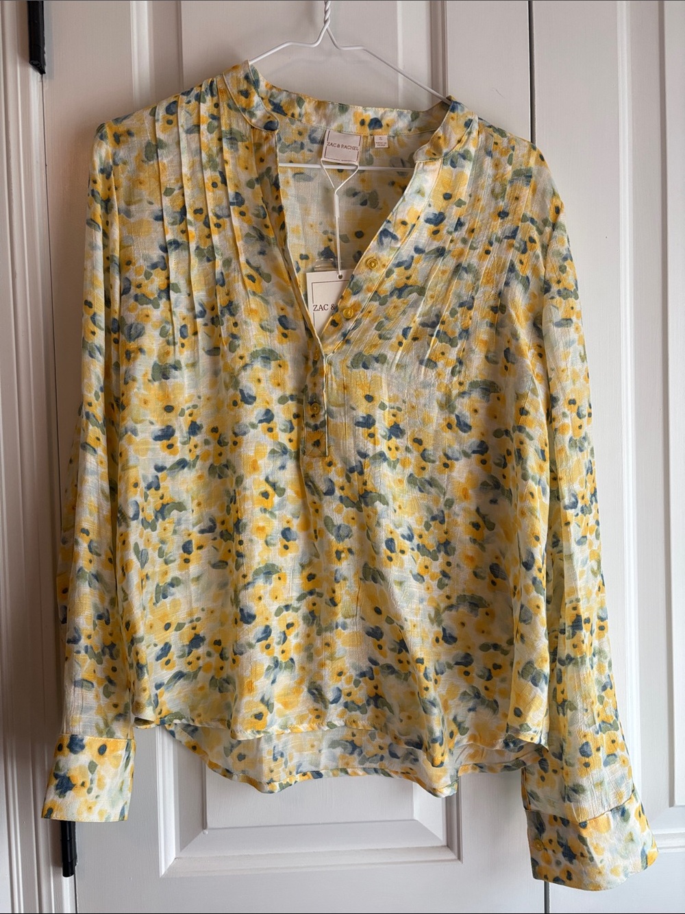 Zac & Rachel Yellow Floral Pintuck Split-Neck Blouse